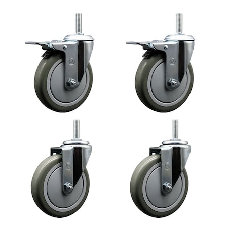 Service Caster 5 Inch Gray Polyurethane Swivel 58 Inch Threaded Stem Caster Set 2 Total Lock Brakes SCC-TSTTL20S514-PPUB-58212-2-S-2